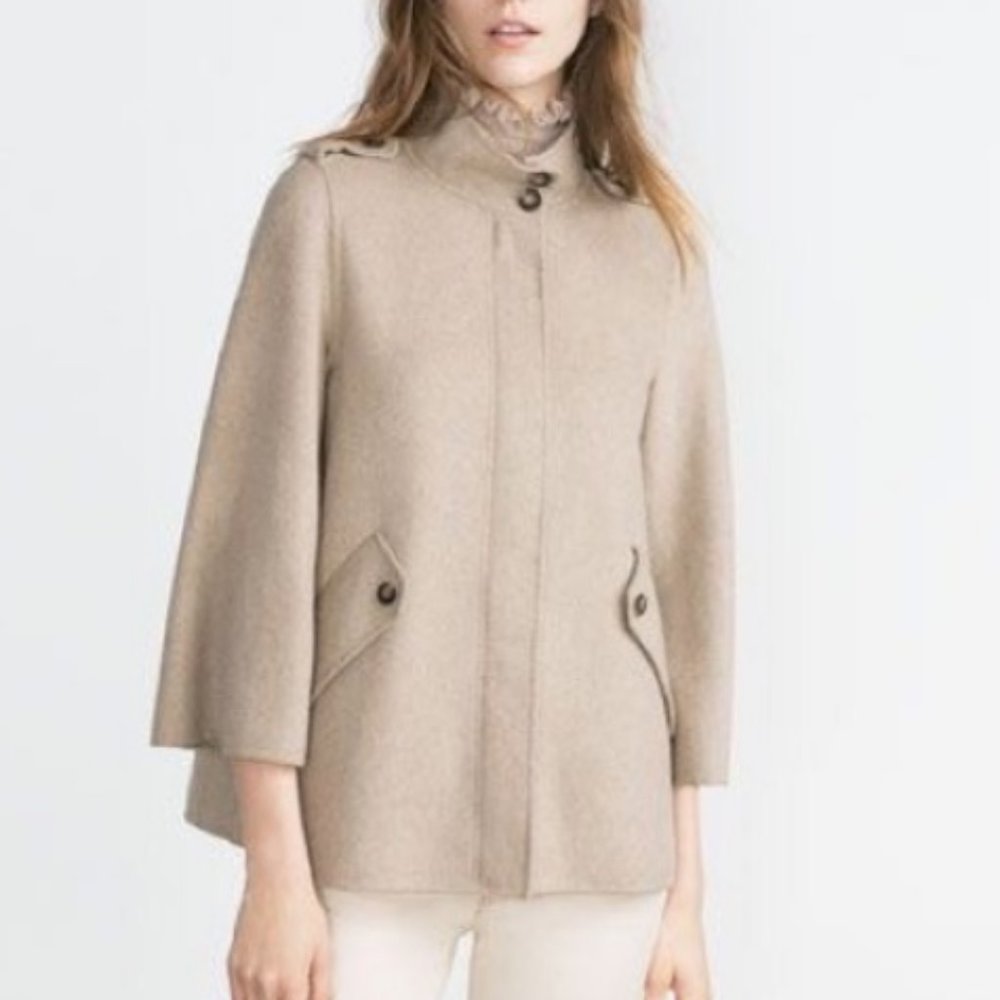 Zara Wool Blend Cape Sleeve Coat Medium - Picture 2 of 9